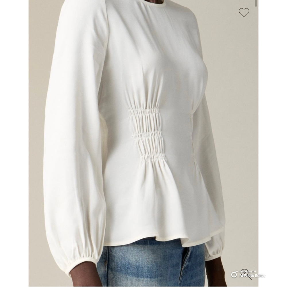 J Crew Size 8 Ivory Shirred Waist Blouse Top in Viscose Crepe Long Sleeve NWT - Picture 4 of 17